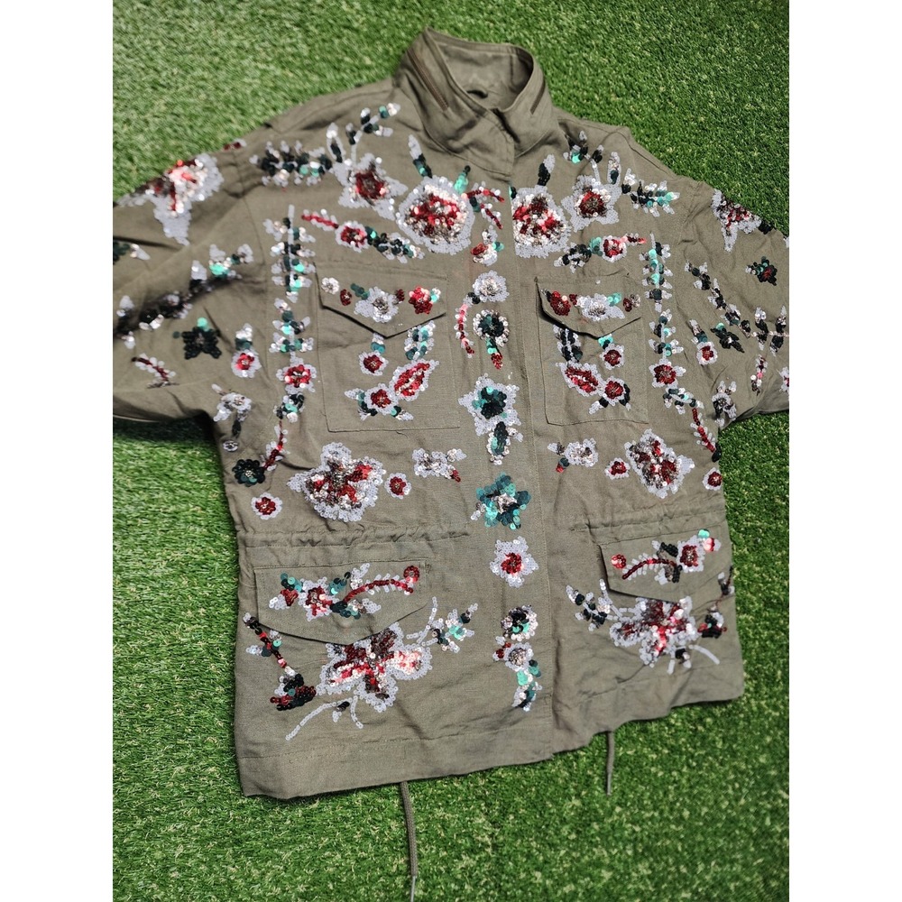 Zara Basic Outerwear Medium Army Green Beaded Embroidered Jacket